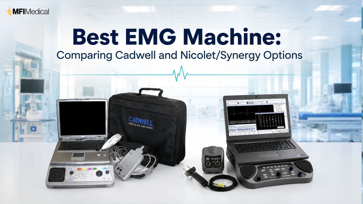 MFI Medical blog banner titled Best EMG Machine Comparing Cadwell and Nicolet Synergy Options displaying portable electrodiagnostic systems.