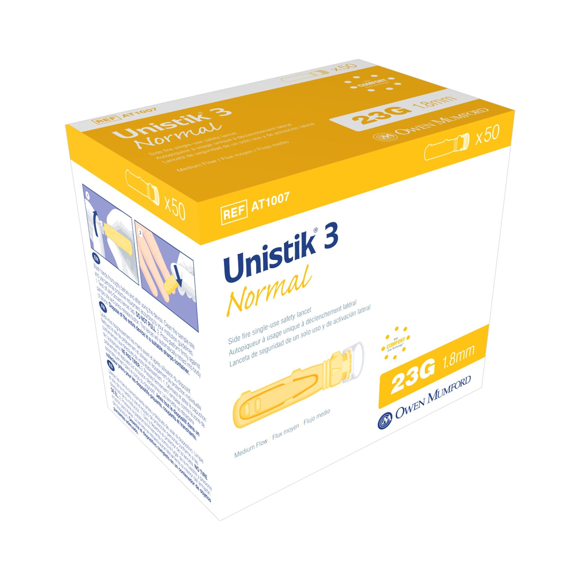 Owen Mumford Unistik 3 Normal Safety Lancet, 23 Gauge, 1.8 mm Depth (50/BX)