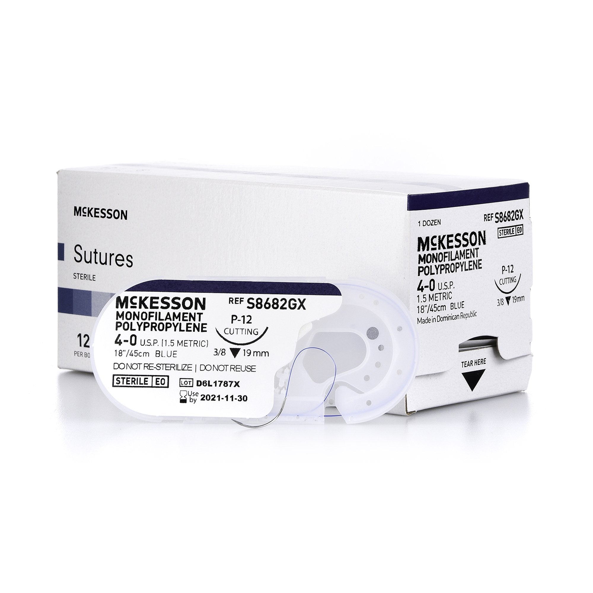 Nonabsorbable Suture with Needle McKesson Polypropylene P-12 3/8 Circle Precision Reverse Cutting Needle Size 4-0 Monofilament