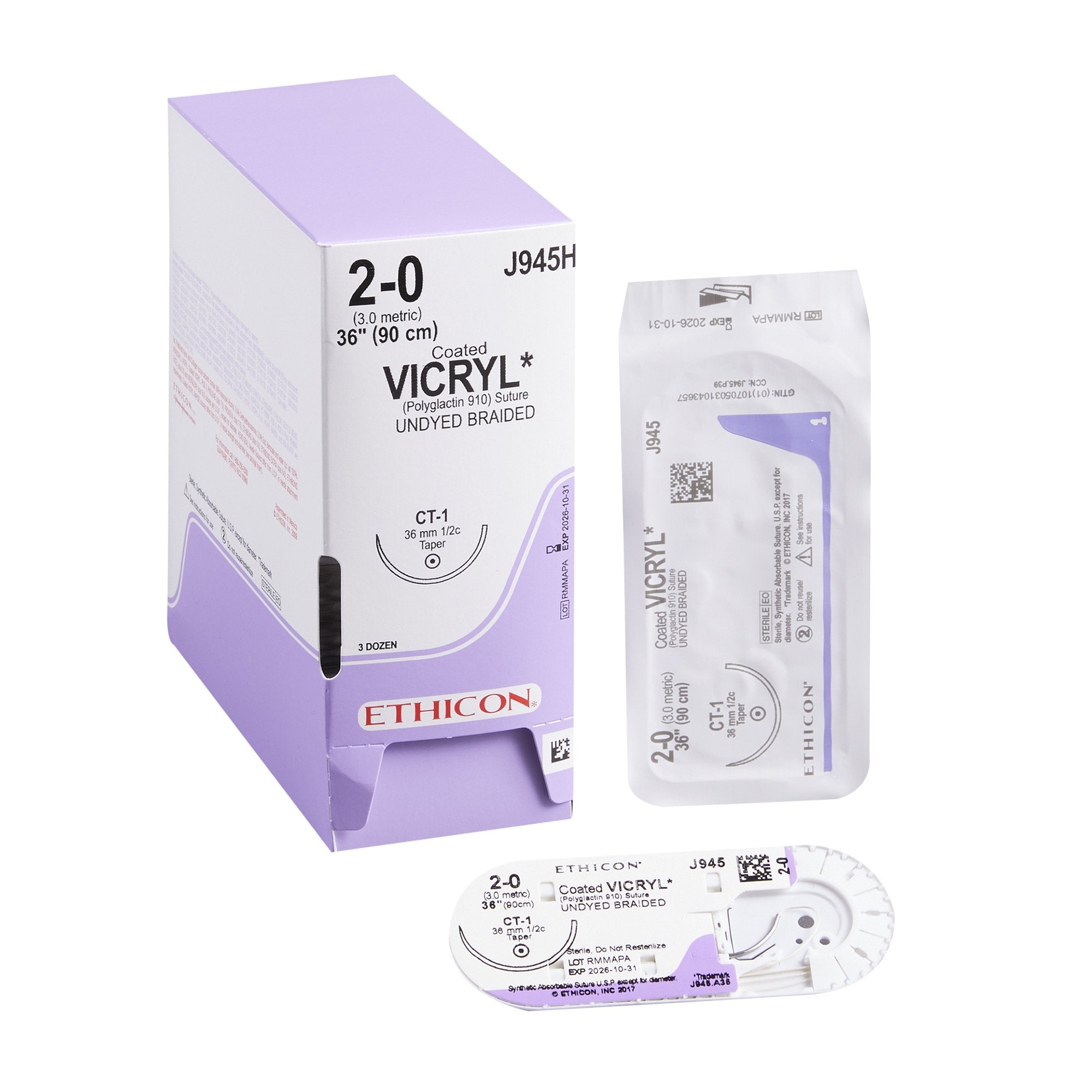 Absorbable Suture with Needle Coated Vicryl Polyglactin 910 CT-1 1/2 Circle Taper Point Needle Size 2-0 Braided