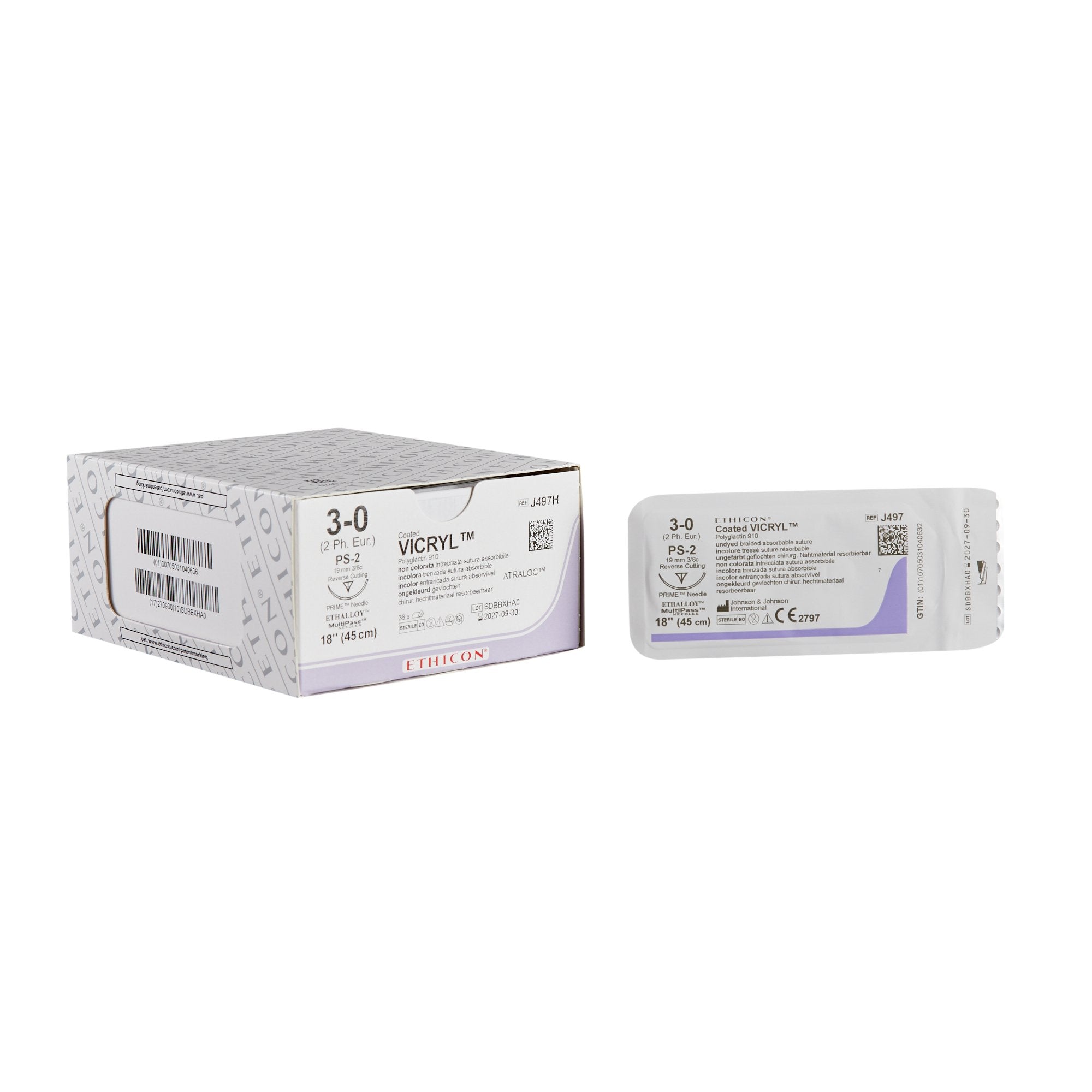 Absorbable Suture with Needle Coated Vicryl Polyglactin 910 PS-2 3/8 Circle Precision Reverse Cutting Needle Size 3-0 Braided