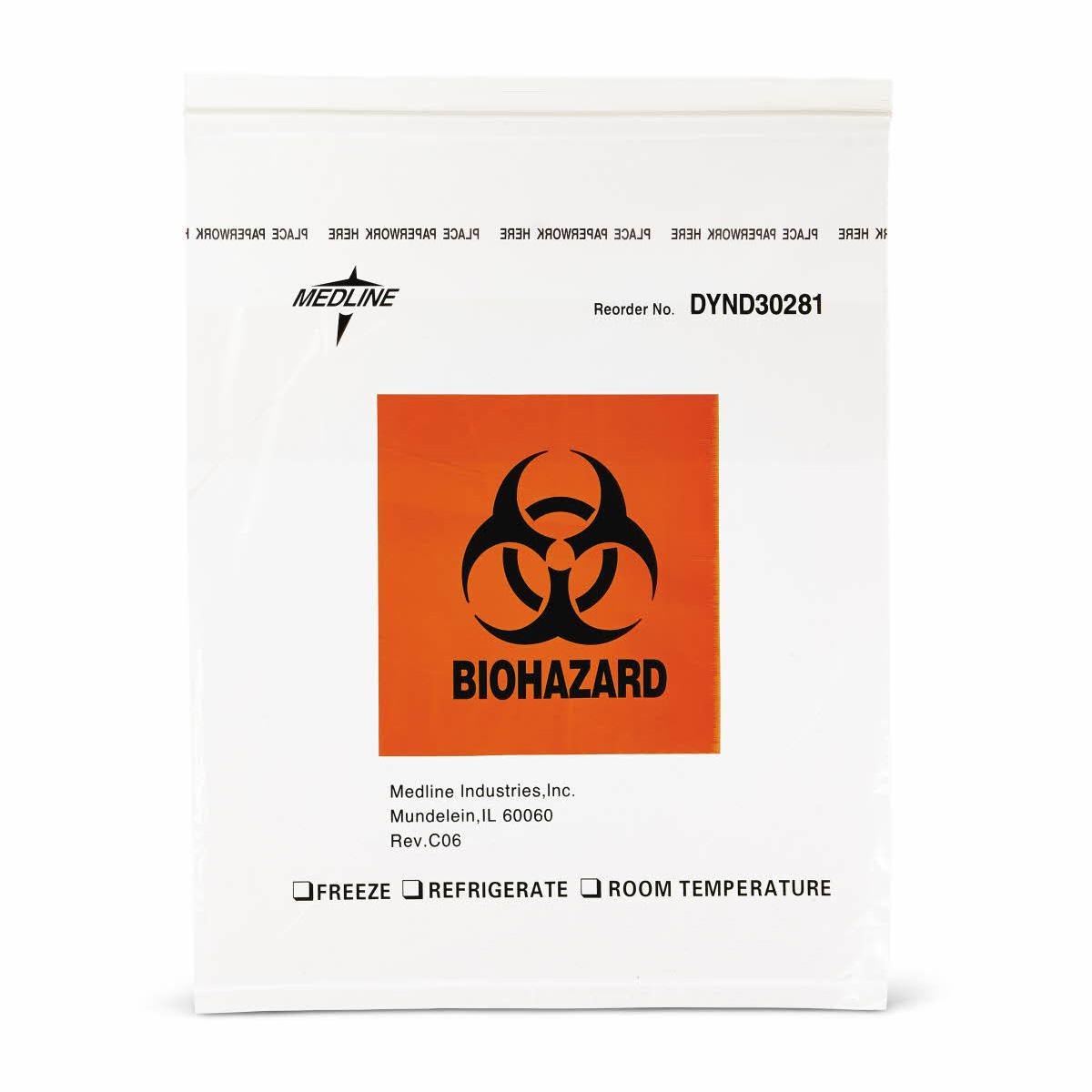 Medline Specimen Transport Bag 12 X 15 Inch Zip Closure Biohazard Symbol / Storage Instructions NonSterile (DYND30281 / CS)