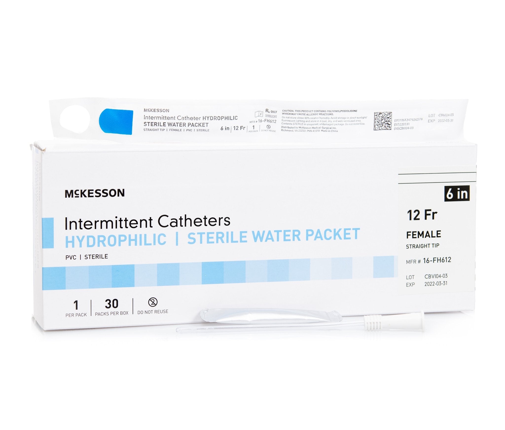 Urethral Catheter McKesson Straight Tip Hydrophilic Coated PVC 12 Fr. 6 Inch Length
