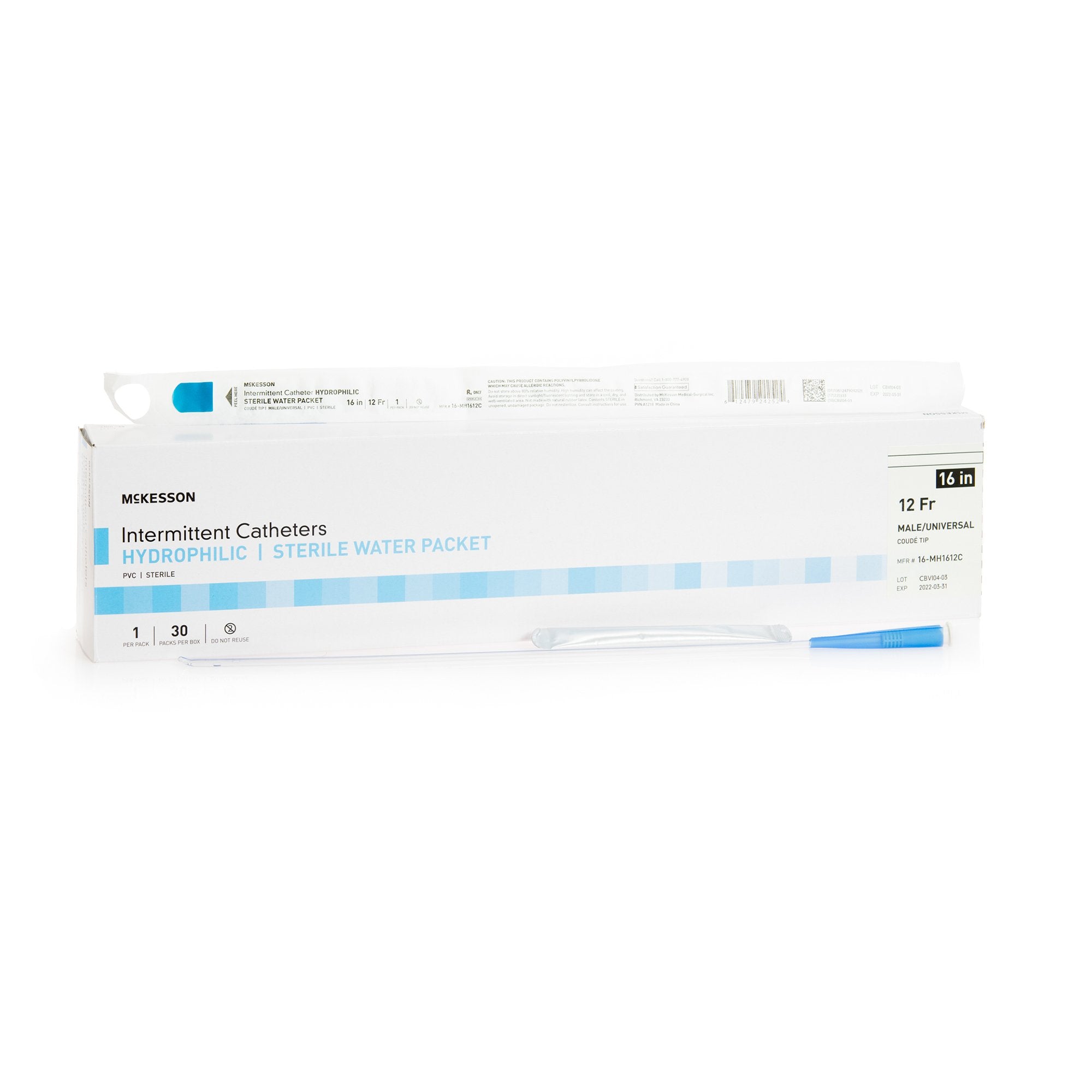 Urethral Catheter McKesson Coude Tip Hydrophilic Coated PVC 12 Fr. 16 Inch Length