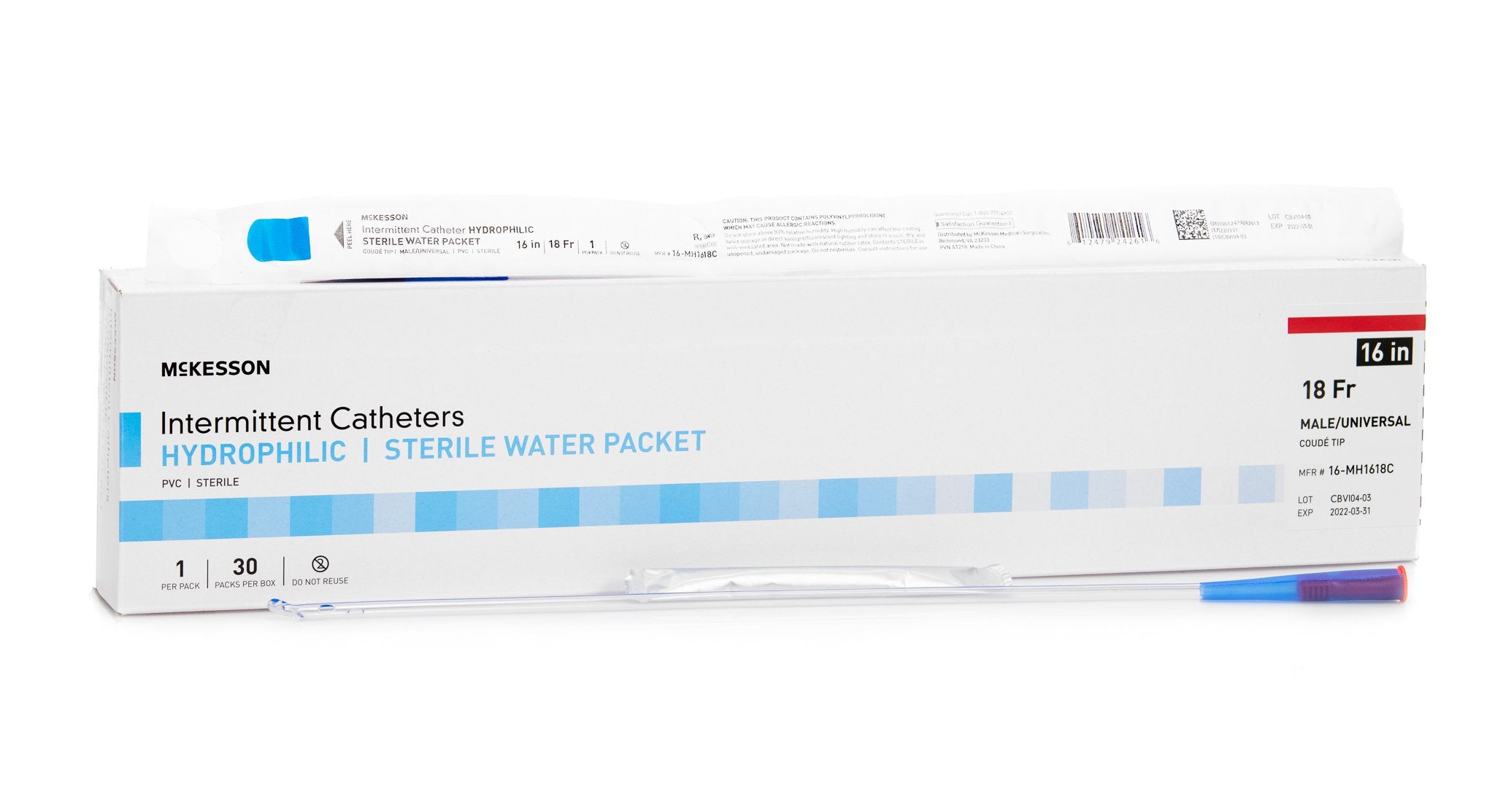 Urethral Catheter McKesson Coude Tip Hydrophilic Coated PVC 18 Fr. 16 Inch Length