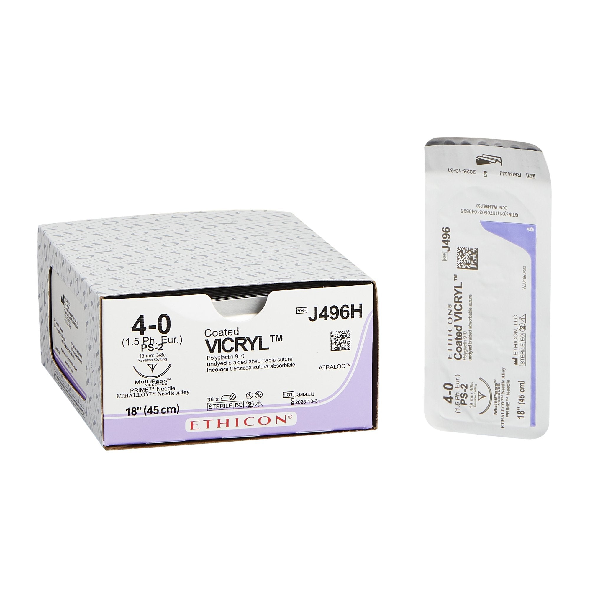 Absorbable Suture with Needle Coated Vicryl Polyglactin 910 PS-2 3/8 Circle Precision Reverse Cutting Needle Size 4-0 Braided