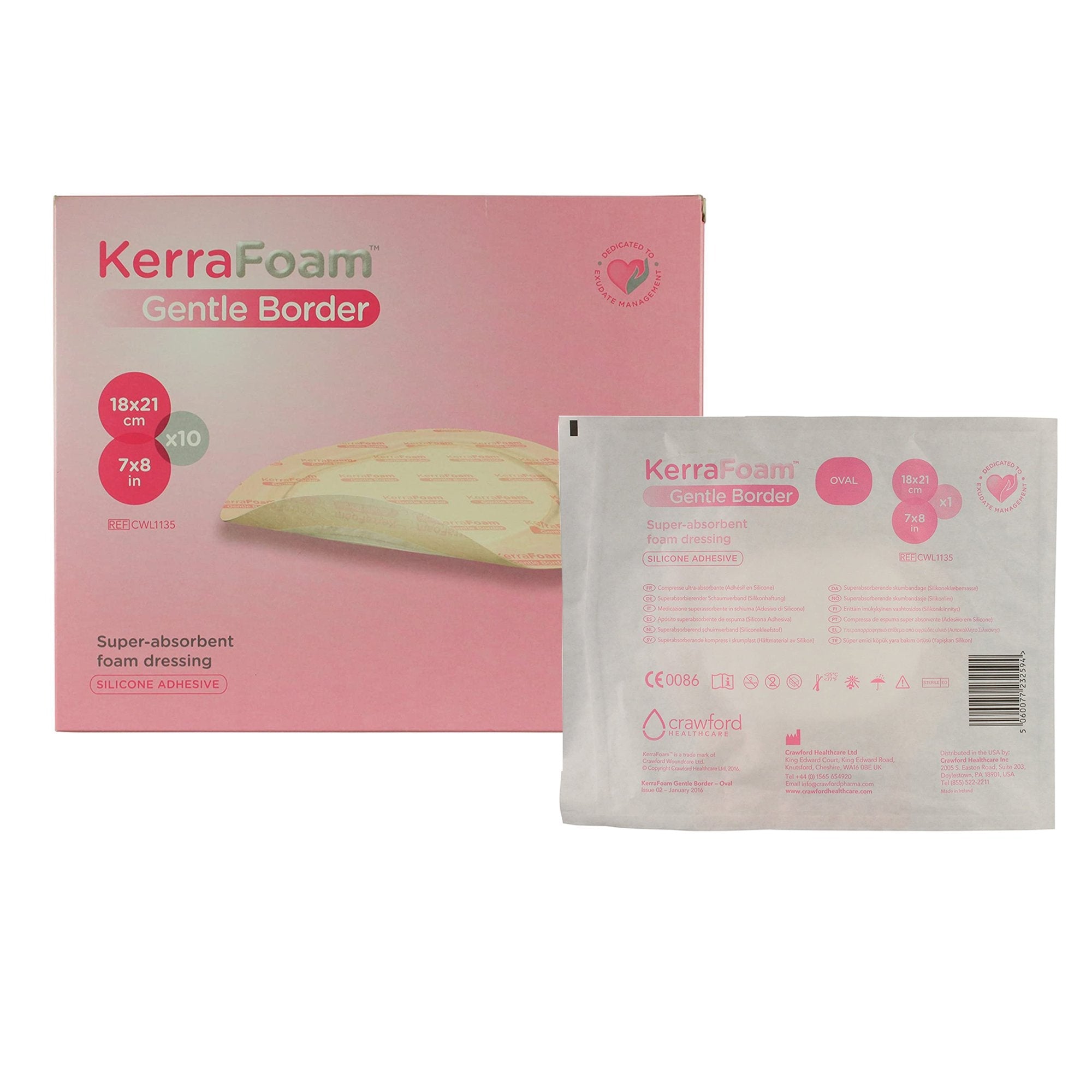 Foam Dressing KerraFoam Gentle Border 7 X 8 Inch With Border Film Backing Silicone Adhesive Oval Sterile