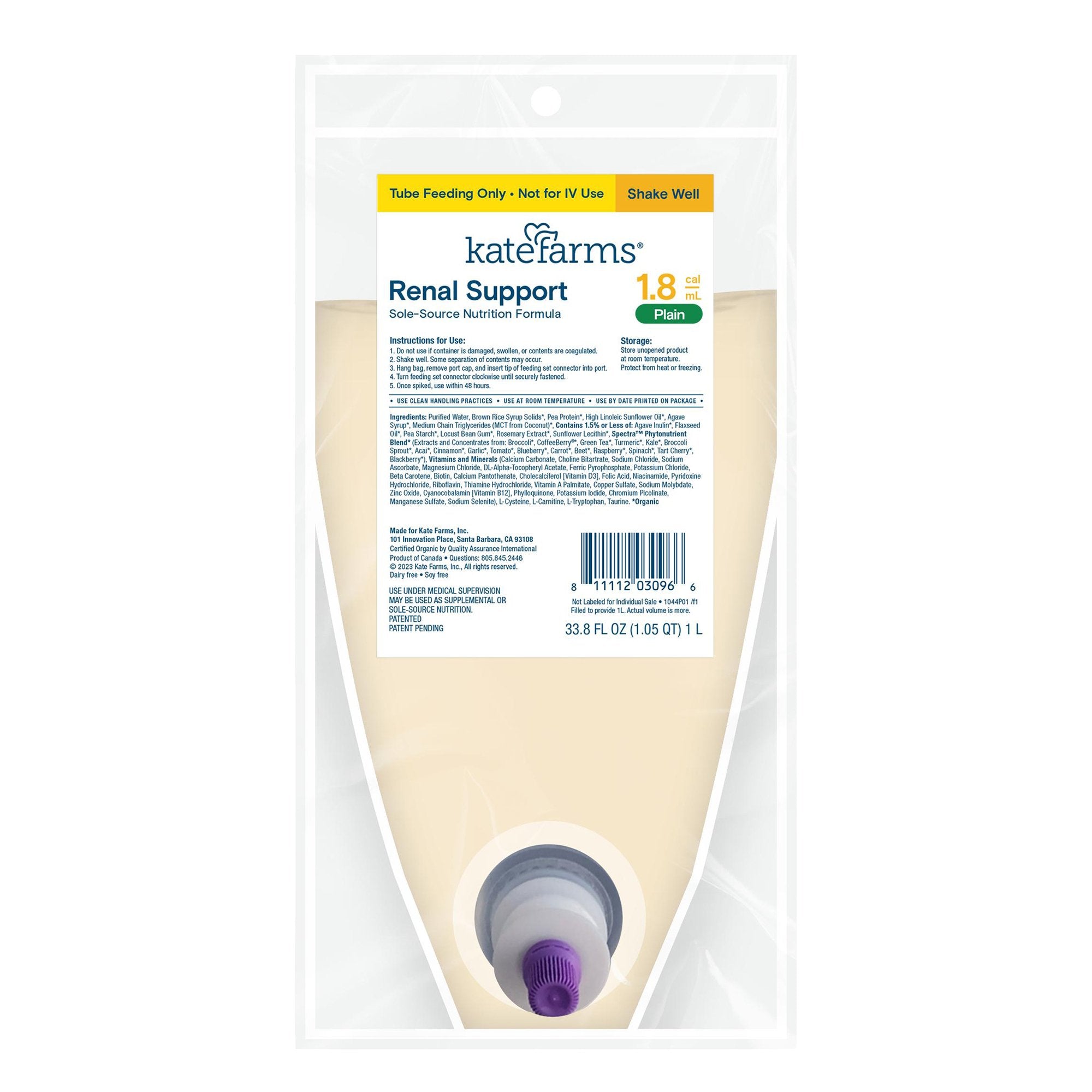 Tube Feeding Formula Kate Farms Renal Support 1.8 Plain Flavor Liquid 1000 mL Ready to Hang Prefilled Container