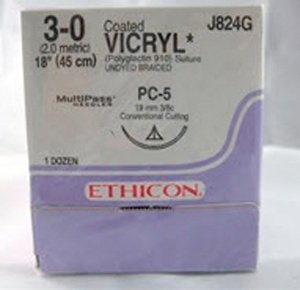 Absorbable Suture with Needle Coated Vicryl Polyglactin 910 PC-5 3/8 Circle Precision Conventional Cutting Needle Size 3-0 Braided