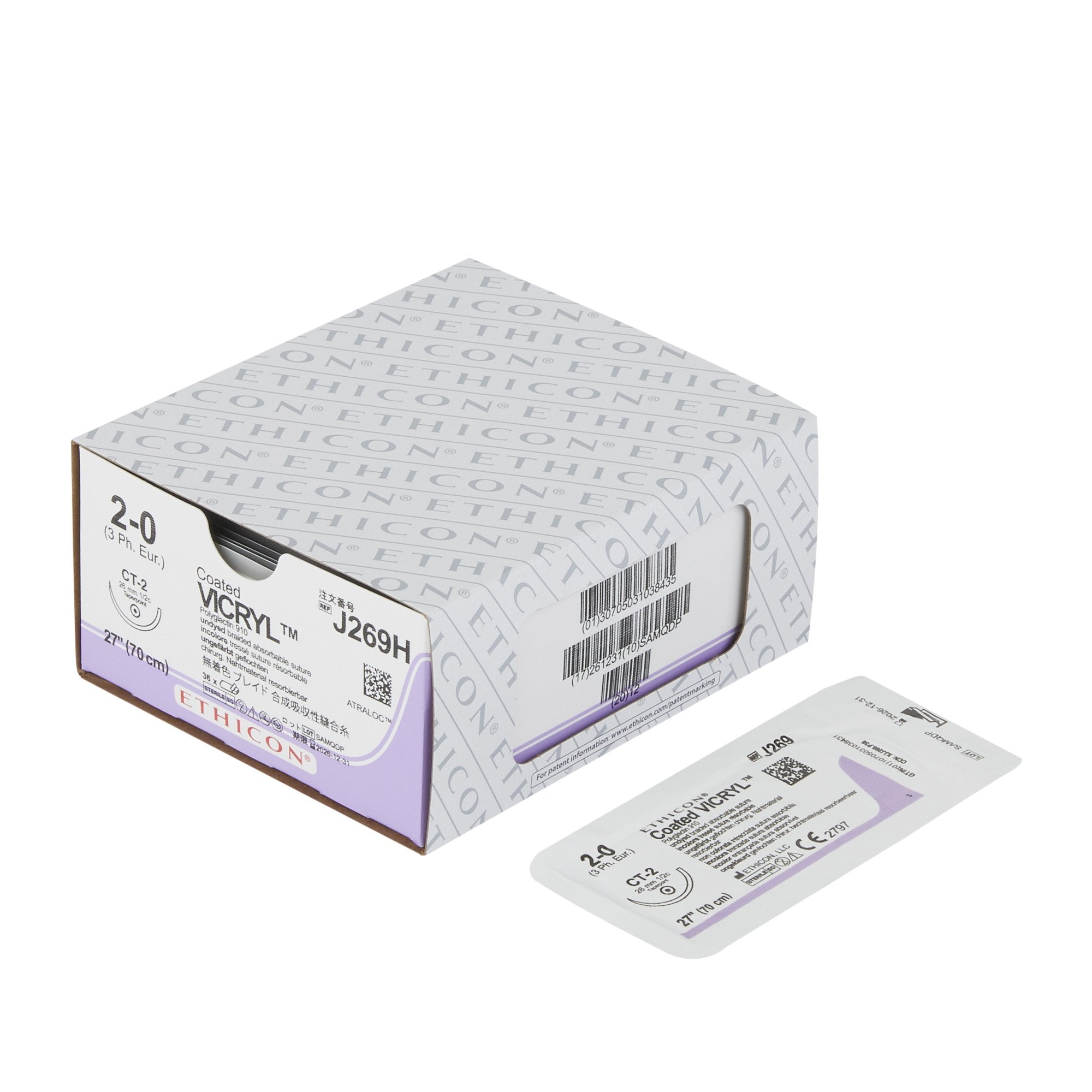Absorbable Suture with Needle Coated Vicryl Polyglactin 910 CT-2 1/2 Circle Taper Point Needle Size 2-0 Braided