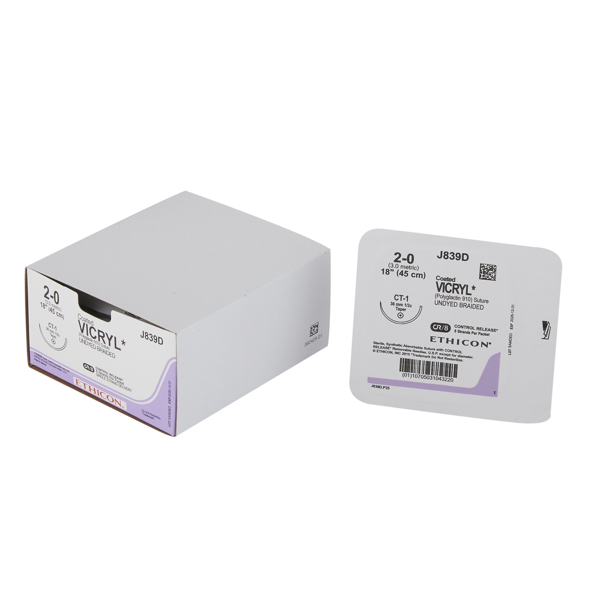 Absorbable Suture with Needle Coated Vicryl Polyglactin 910 CT-1 1/2 Circle Taper Point Needle Size 2-0 Braided
