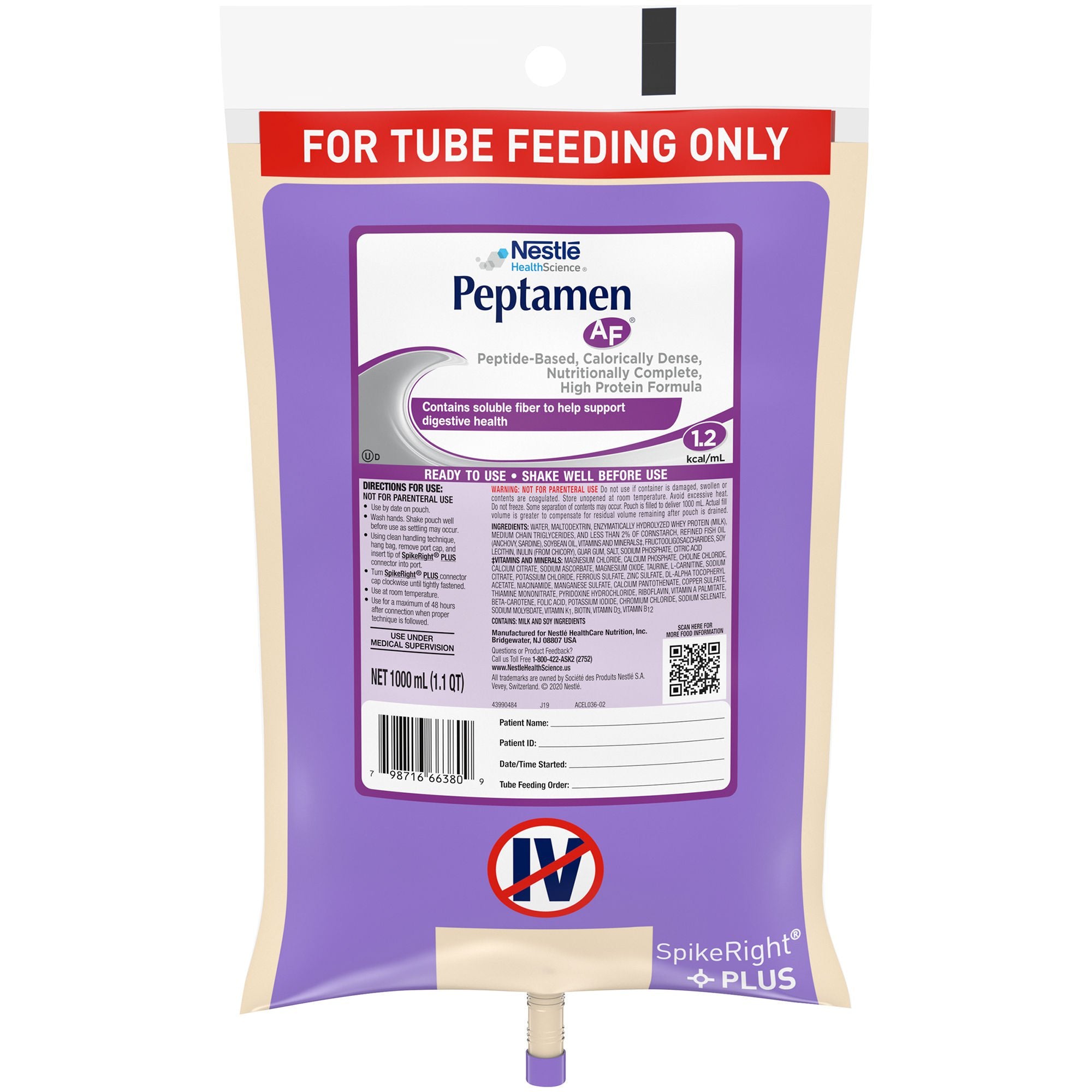 Peptamen AF Tube Feeding Formula, 1000 mL Ready to Hang Prefilled Container (Case of 6)