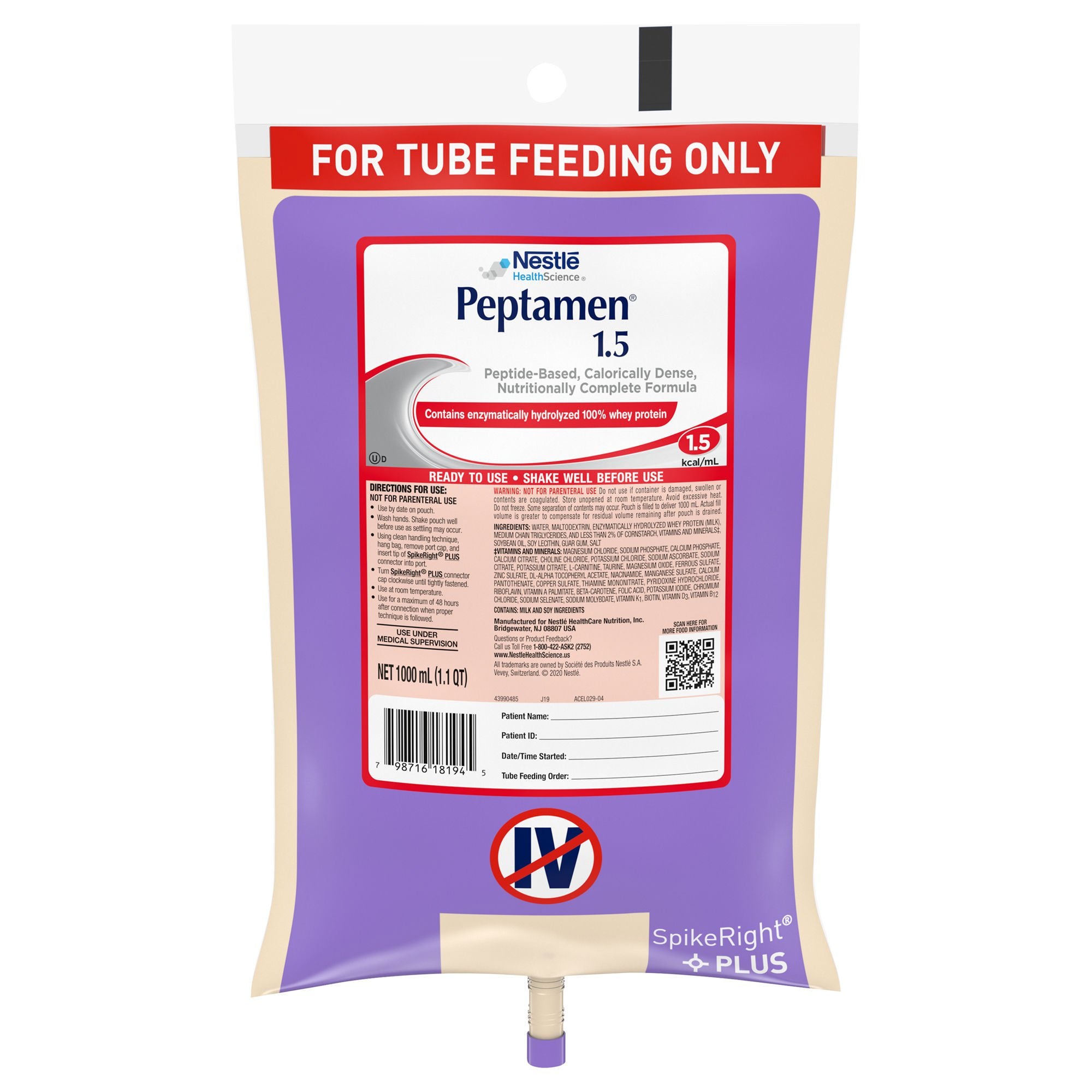 Peptamen 1.5 Peptide-Based Nutritionally Complete Formula, 1 Liter Bag (Case of 6)