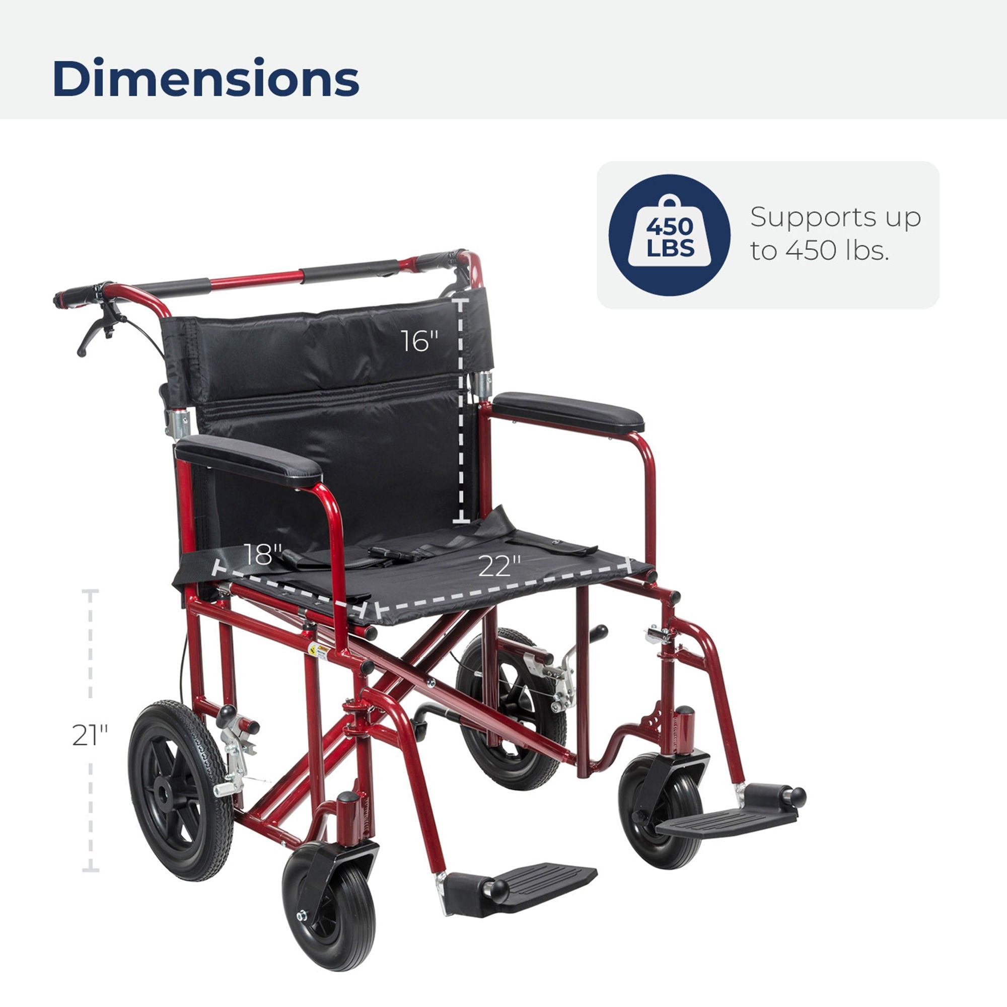 Transport Chair drive 22 Inch Seat Width Full Length Arm Swing-Away Footrest Aluminum Frame with Blue Finish (Each)