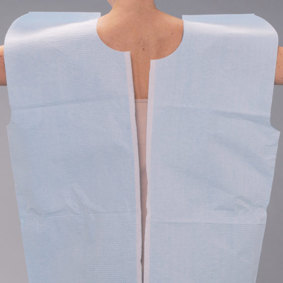 GOWN SCRIM SEWN NECK TIES BLUF/B OPEN 30X42 50/CS