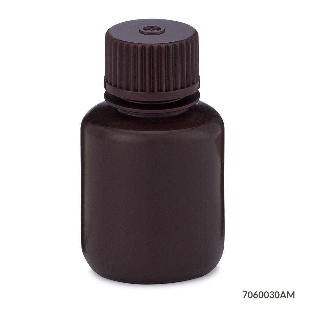 BOTTLE AMBER NARROW MOUTH RNDHDPE 30ML 12/BG