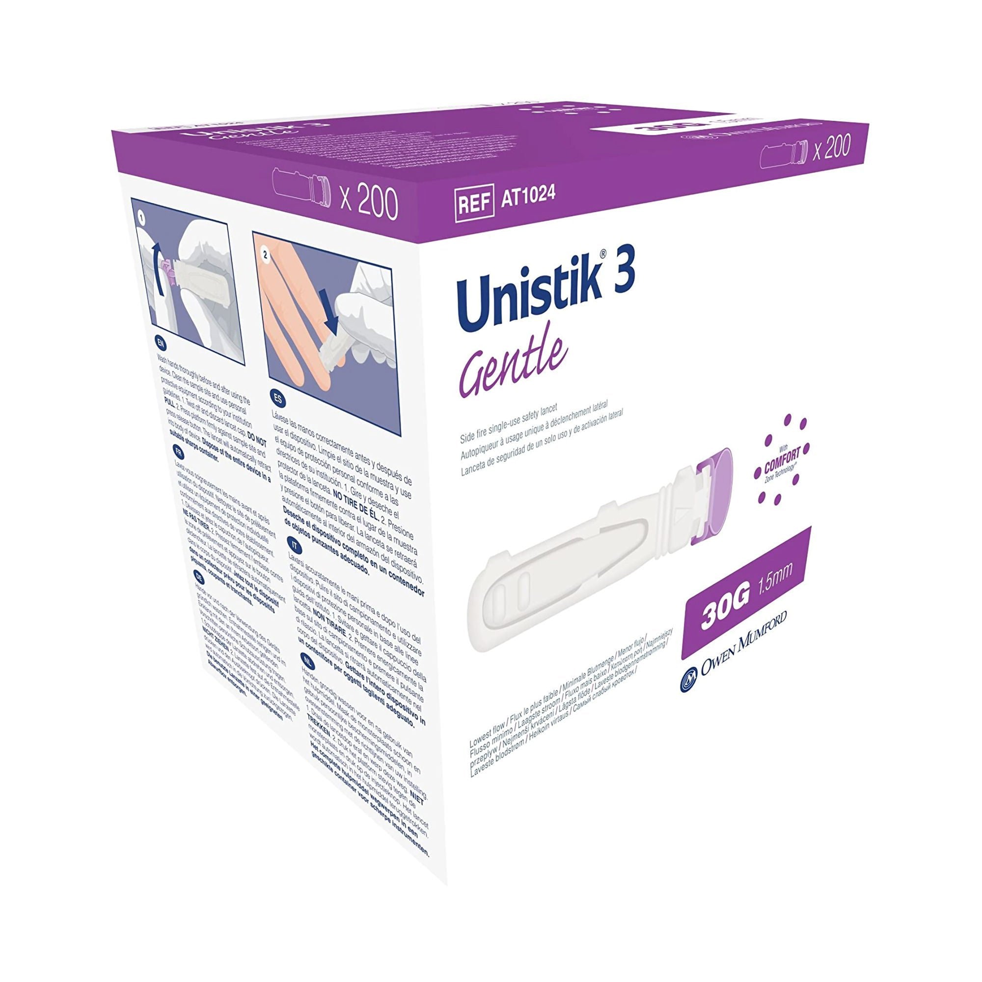 Unistik 3 Comfort Safety Lancet for Low Flow Blood Glucose Testing, HbA1c (Box of 100)