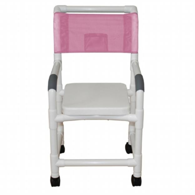 MJM International Shower chair 18" internal width,open front seat, 3" twin casters, high back and soft seat complete--no commode opening, 300 lbs wt cap
