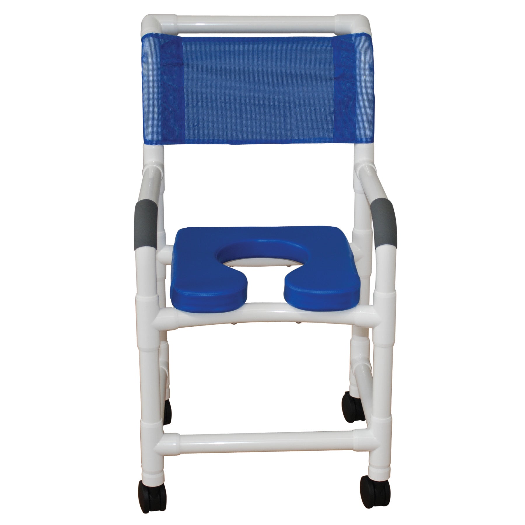 MJM International Shower Chair 18" Internal Width, 3" Twin Casters, with Blue Open Front Soft Seat, 300 Lbs Weight Capacity