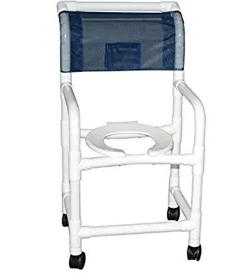 MJM International Shower chair 18" internal width, 3" twin casters, with deluxe elongated open front soft seat gray, cushioned padded back gray, 10 qt slide out commode pail 300 lbs wt cap