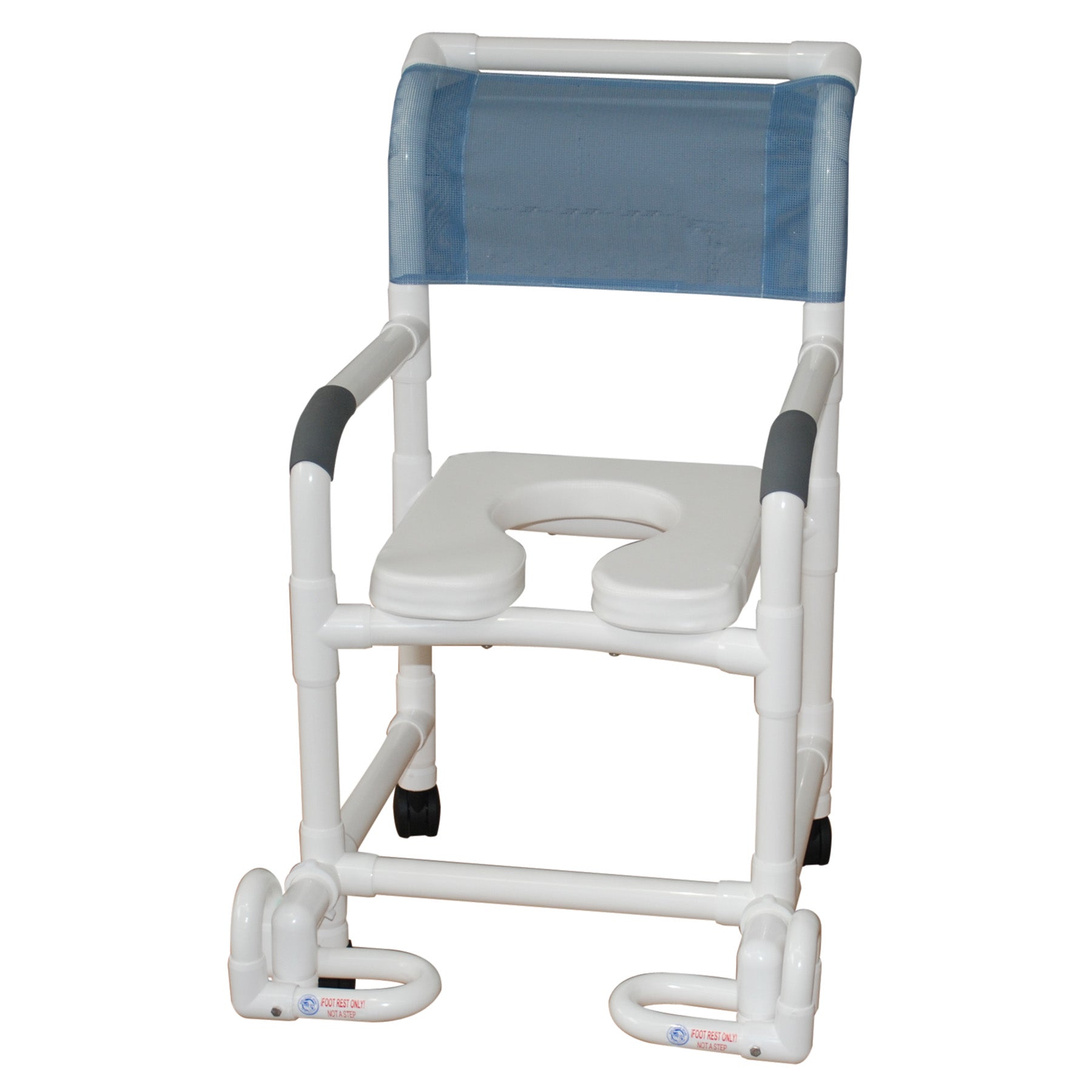 MJM International Shower chair 18" internal width, 3" twin casters, with open front soft seat and individual footrest 300LBS