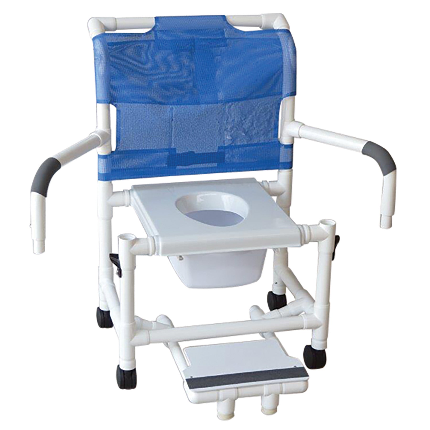 MJM International Shower chair 22" internal width, 3" twin casters w/ full support snap on seat, sliding footrest w/ front supports, double drop arm, 10 qt commde pail, 375 lbs wt cap