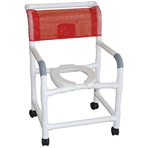 MJM International Wide shower chair 22" internal width,open front flip up seat, 10 qt slide out square commode pail and double drop arms, 5" x 1 1/4" heavy duty casters 375 lbs wt cap