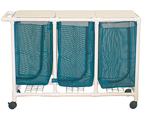 MJM International Space saving triple hamper w/mesh bag (14.46 gal. cap per bag) 3" twin casters, zipper opening