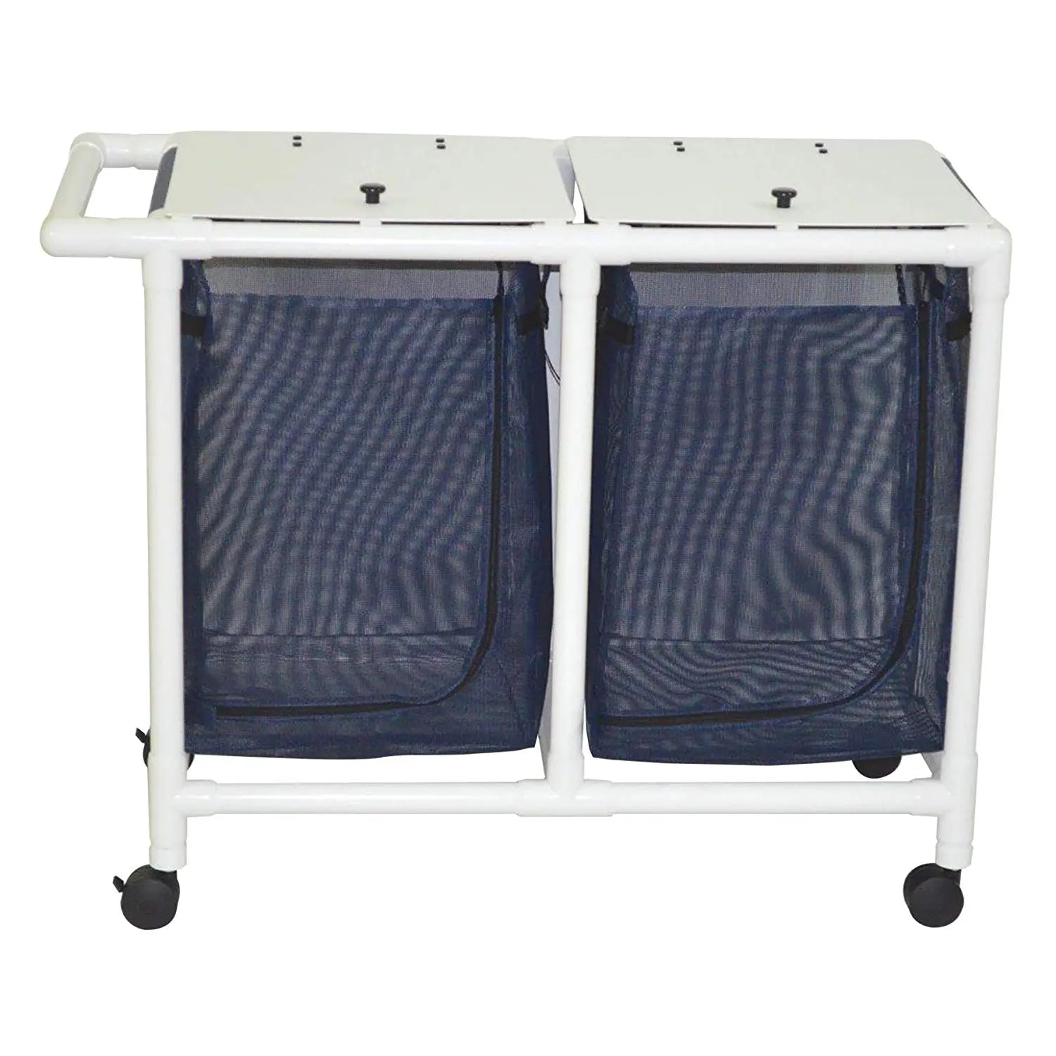 MJM International NON-Magnetic Double hamper w/mesh bags (25.71 gal cap per bag), zipper opening, base support for bag, push-pull handle