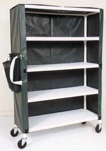 MJM International 4-shelf jumbo linen cart with open area shelf system, w/mesh or solid vinyl cover 5" casters, shelf size: 20" x 50", 150 lbs per shelf