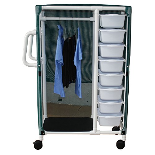 MJM International Specialty cart 16 pull out tubs, hanging space w/mesh or soild vinyl cover, tub size: 20" x 15" x 5"--shelf size: 20" x 25"