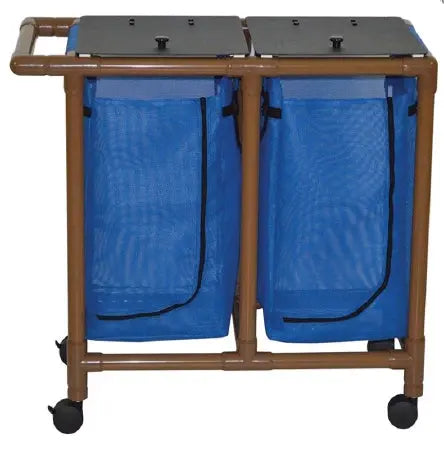 MJM International Woodtone Double Hamper with Mesh Bag (14.46 Gal Cap per Bag) 3" Twin Casters, Zipper Opening, Base Support for Bag, Push Pull Handle & Footpedal