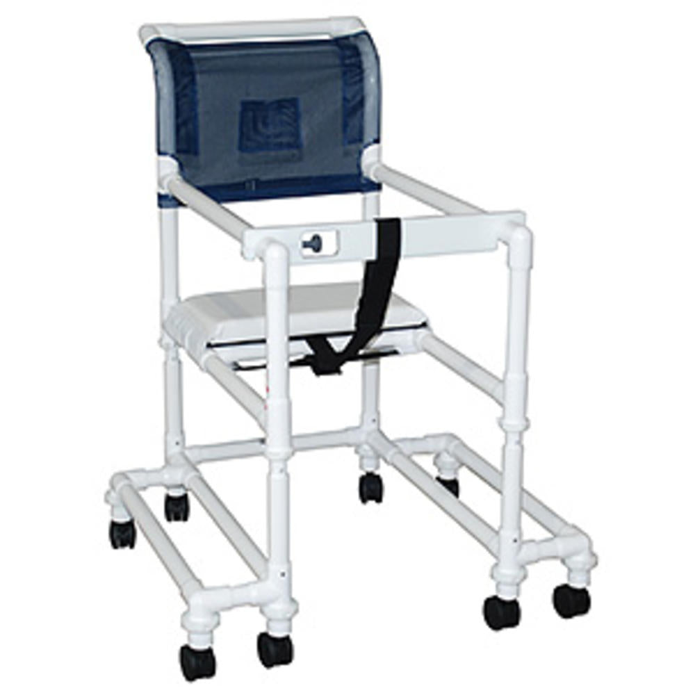 MJM International Woodtone 18" internal width, anti-tip outriggers, 3" twin casters, height adjustable, for residents/patients between 6'-6'6", 300 lbs wt cap