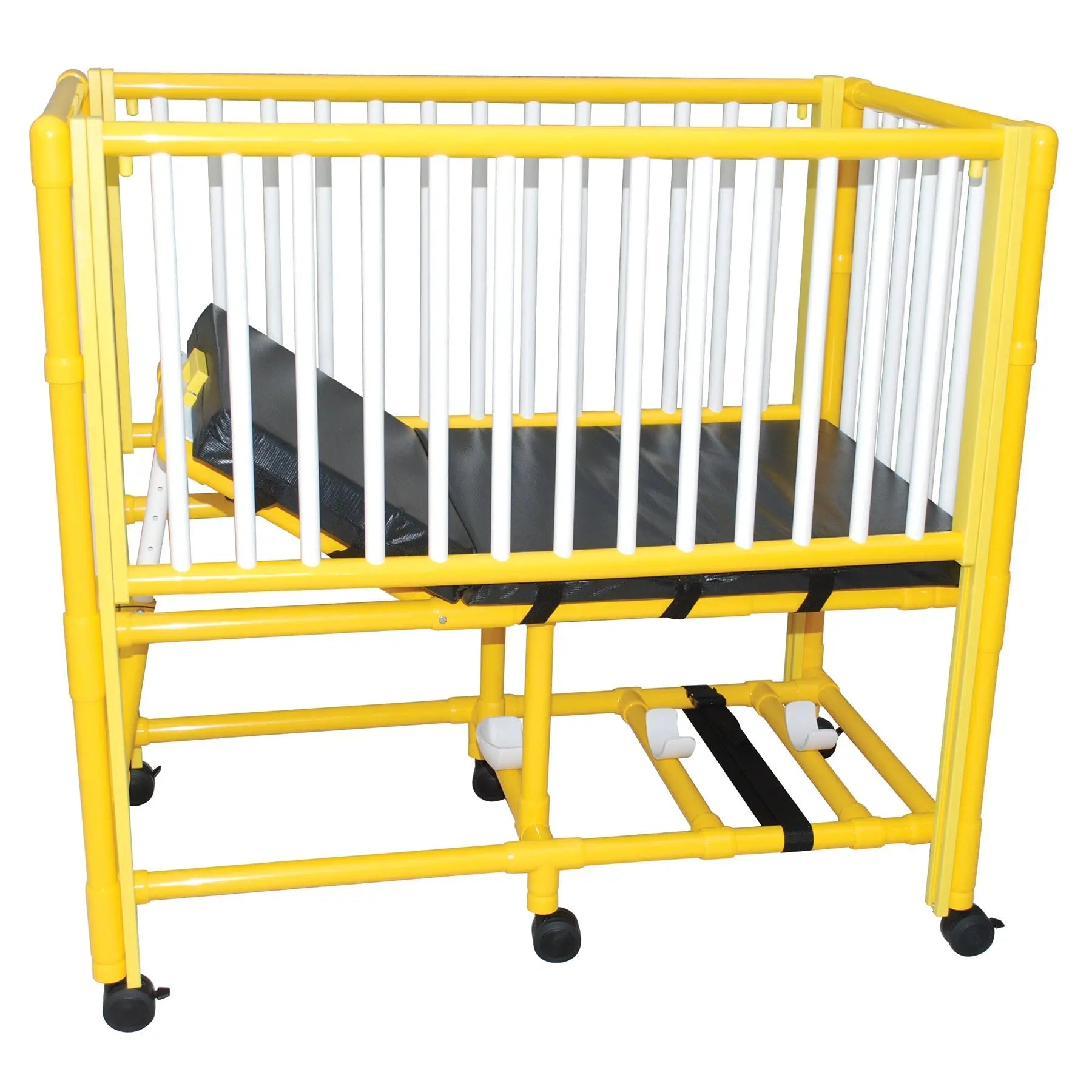 MJM International Yellow PVC frame pediatric crib bed with adjustable side rails, O2 tank holder, 3" cushion