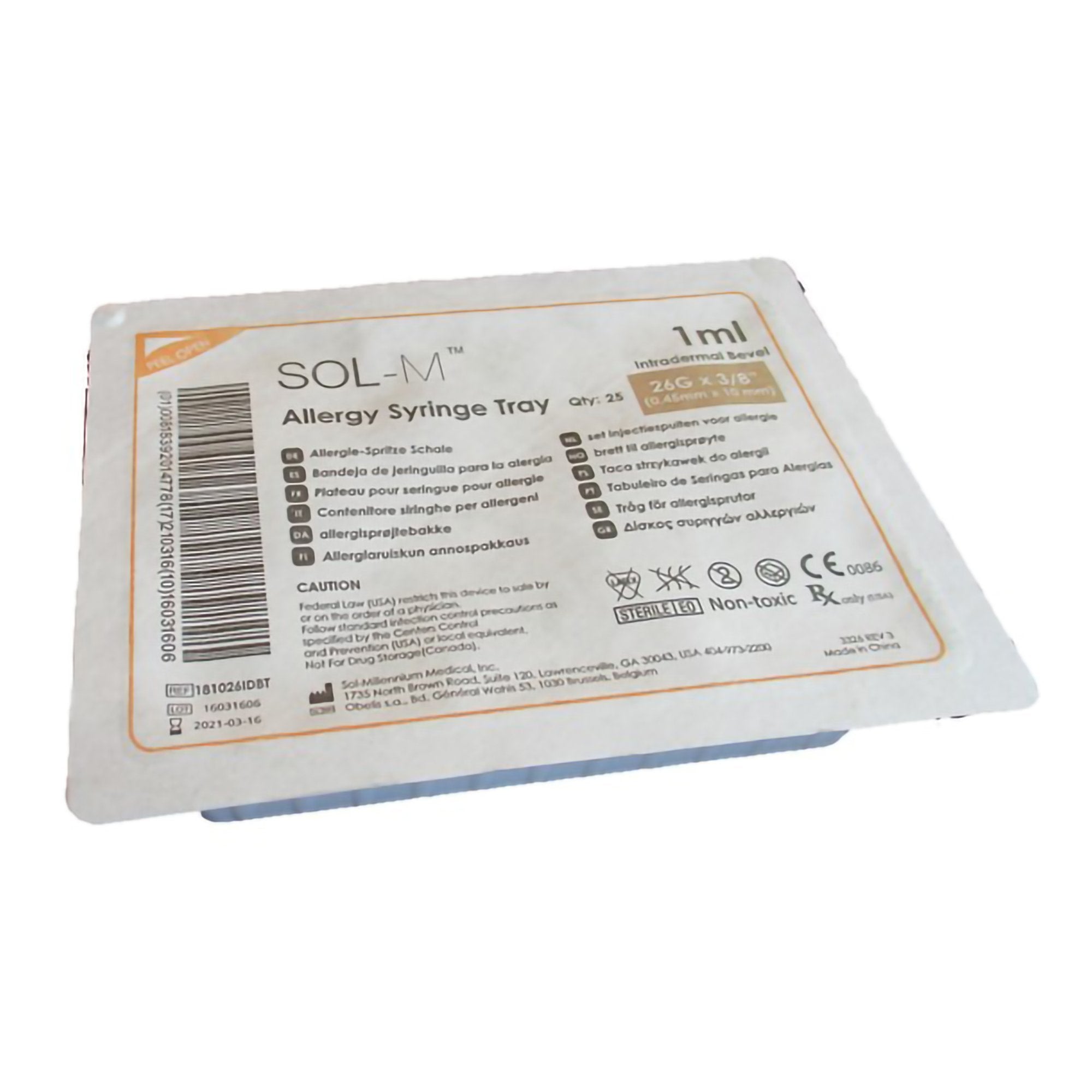 Standard Allergy Tray Sol-M 1 mL 3/8 Inch 26 Gauge NonSafety Regular Wall