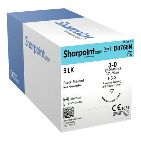 SUTURE SILK BLK BRD SIZE 3-030IN/75CM 3/8 CIRC 12/BX
