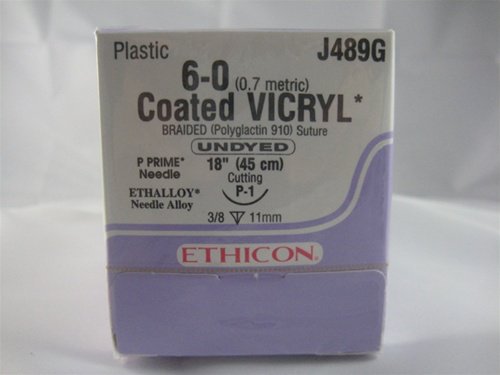 Absorbable Suture with Needle Coated Vicryl Polyglactin 910 P-1 3/8 Circle Precision Reverse Cutting Needle Size 6-0 Braided