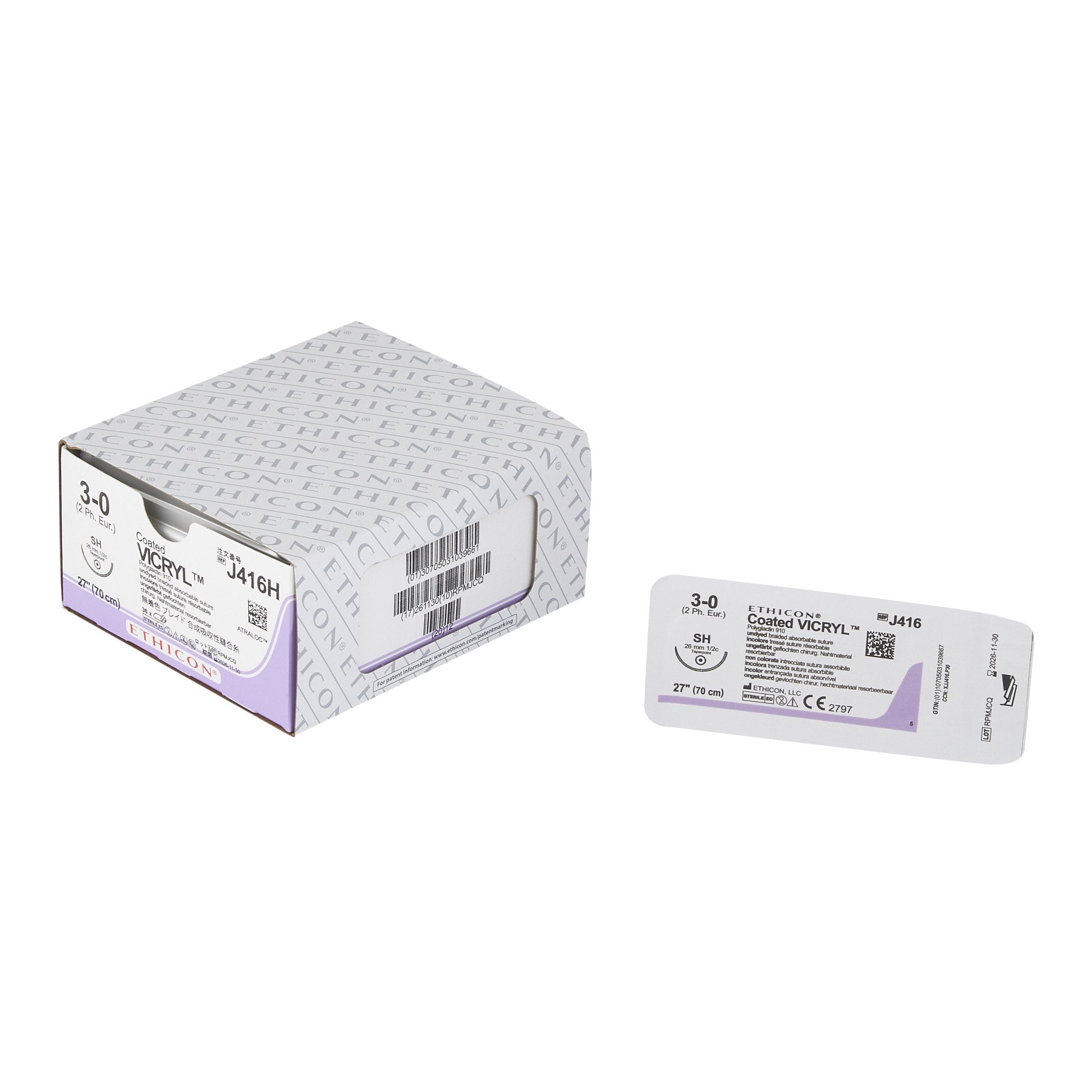 Absorbable Suture with Needle Coated Vicryl Polyglactin 910 SH 1/2 Circle Taper Point Needle Size 3-0 Braided