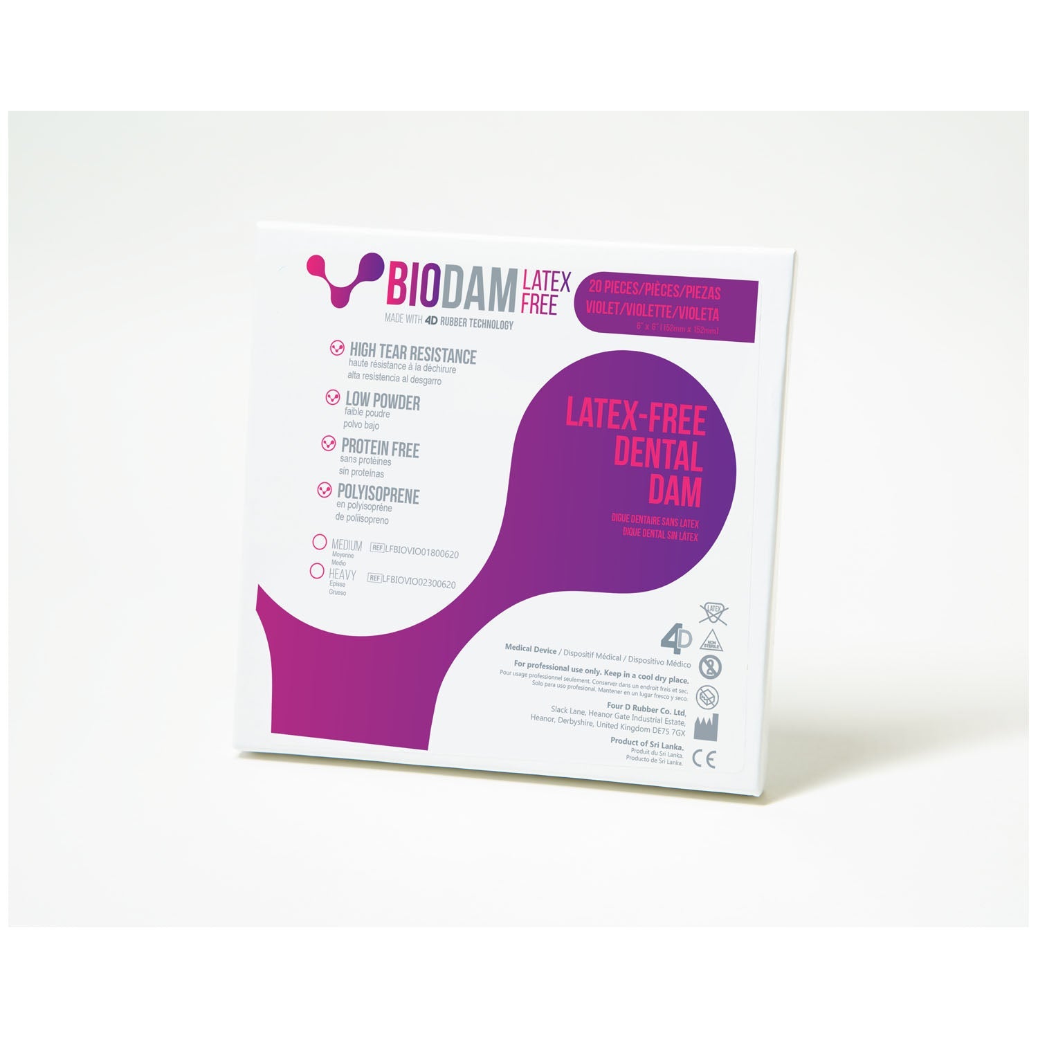 Four D Rubber Co Ltd Four D Rubber Biodam Latex Free Dental Dam Violet, Medium, Latex-free, 20 pieces/bx