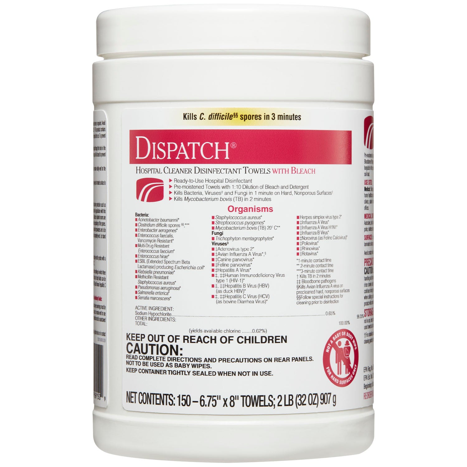 WIPES DISINFECTANT HOSPITALBLEACH 6.75X8 150/CAN 8CAN/CS