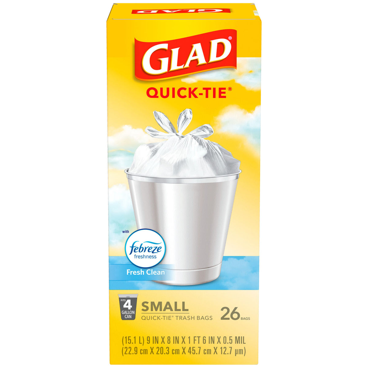 BAG TRASH QUICK-TIE GLAD ODORSHIELD SM 4GAL 26/BX 4BX/CS