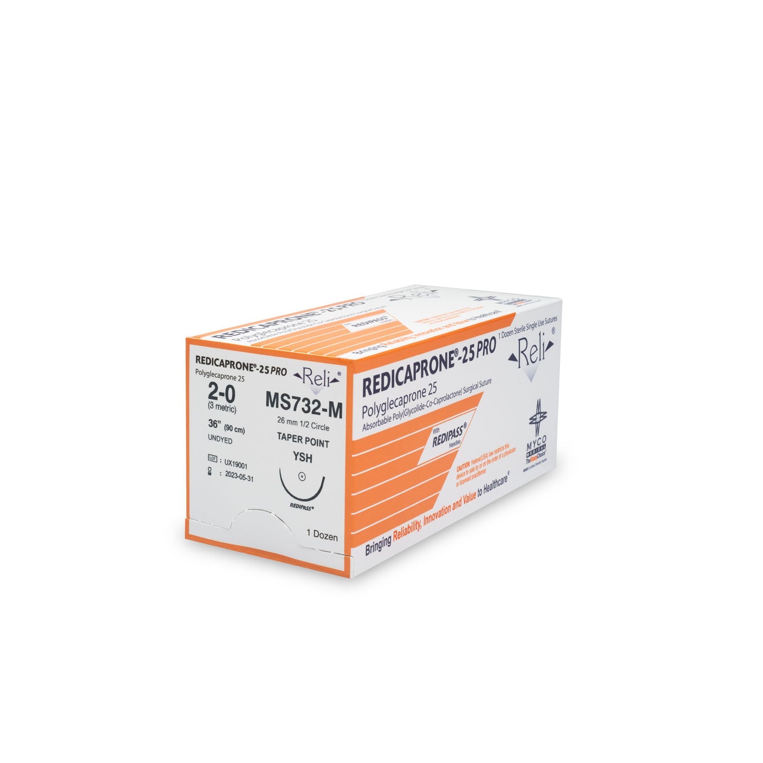 Myco Medical Myco Reli Redicaprone Pro Suture 2-0, Redicaprone, Undyed, Monofilament, 36", YSH,