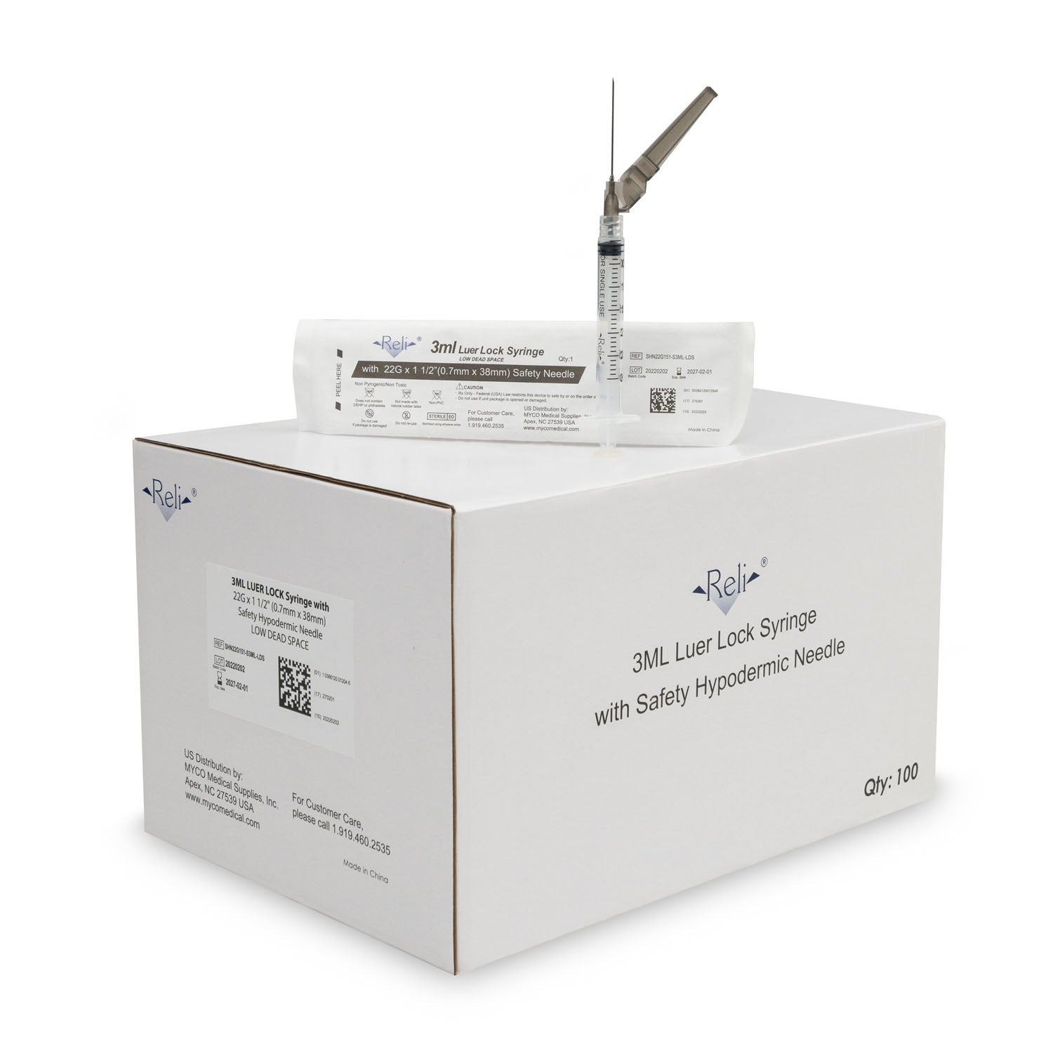 Myco Medical Myco Reli Safety Hypodermic Needle W/Attached Syringe with 3mL Syringe, 22G x 1-1/2", Low Dead Space, 10