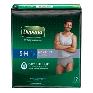 DISC-UNDERWEAR DEPENDS MALESM/MD 19/PK 4PK/CS