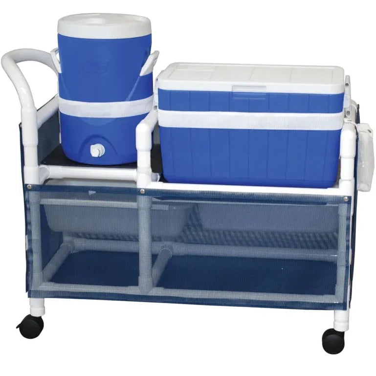 MJM International 800 Series Hydration / Ice Cart with 48 Quart Ice Chest, 5 Gallon Water Cooler, and Skirt Cover Panels