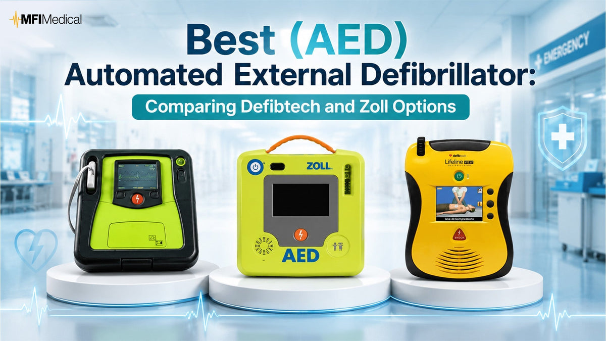 MFI Medical blog banner titled Best AED Automated External Defibrillator Comparing Defibtech and Zoll Options showing three top defibrillators.