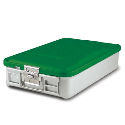 SklarLite Sterilization Container - Mid-Size, Standard Lid, Non-Perforated Bottom, 18-1/4" x 11" x 4", Green - 10-4308