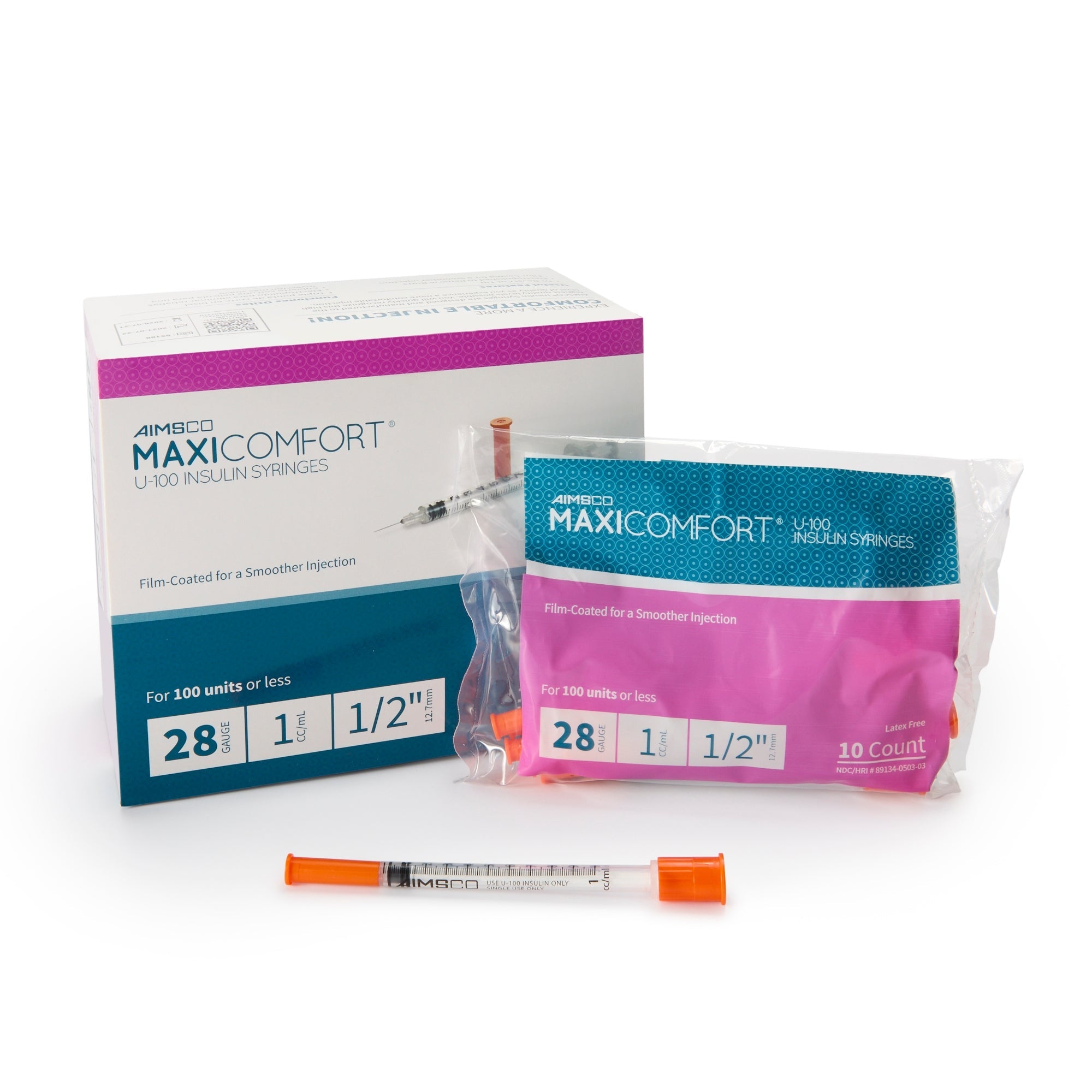 MHC Medical MaxiComfort II Standard Insulin 1mL Syringe with Needle, 28 Gauge, 0.5 Inch (500/CS) 