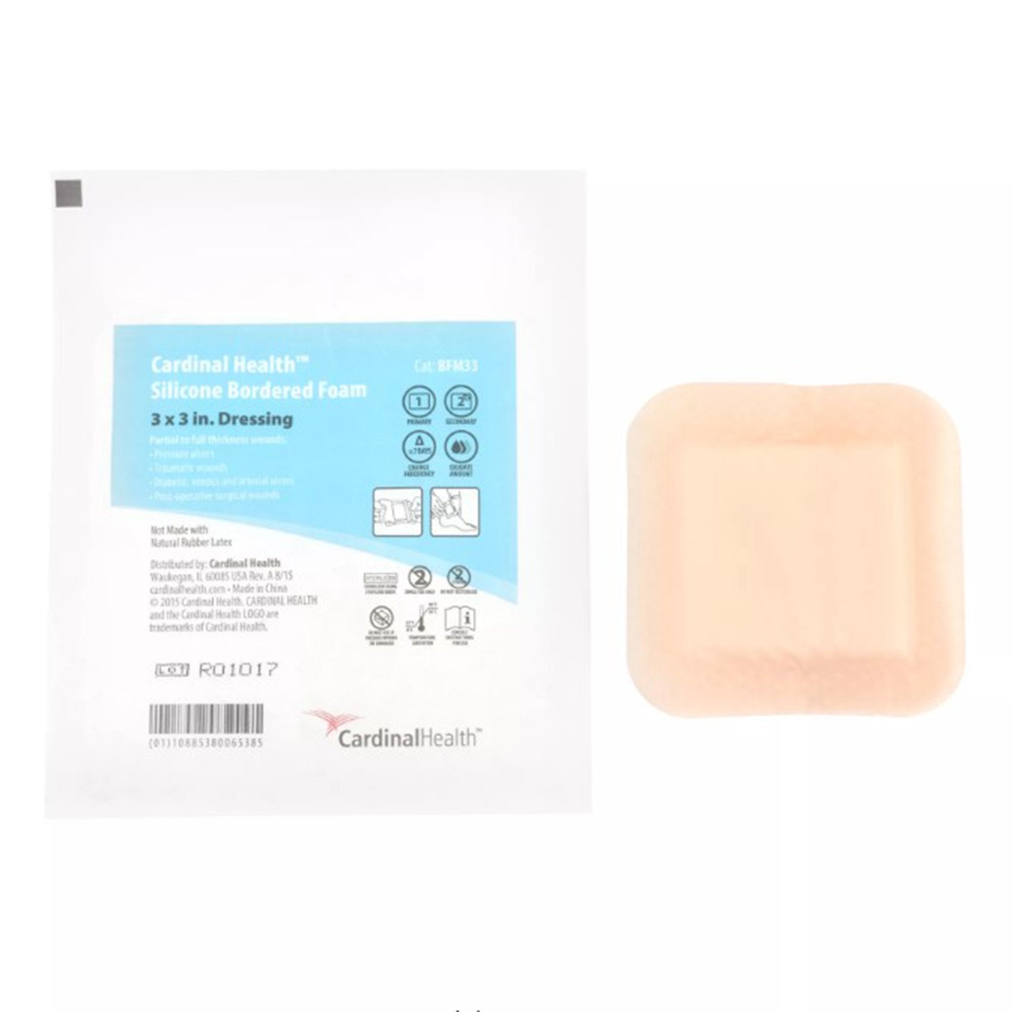 Cardinal 5-Layer Foam Dressing Kendall 3 X 3 Inch With Border Film Backing Silicone Adhesive Square Sterile (50/CS) 