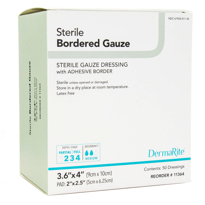 DermaRite Gauze Adhesive Dressing, White, Sterile, 3-3/5 x 4 inch (Box of 50)